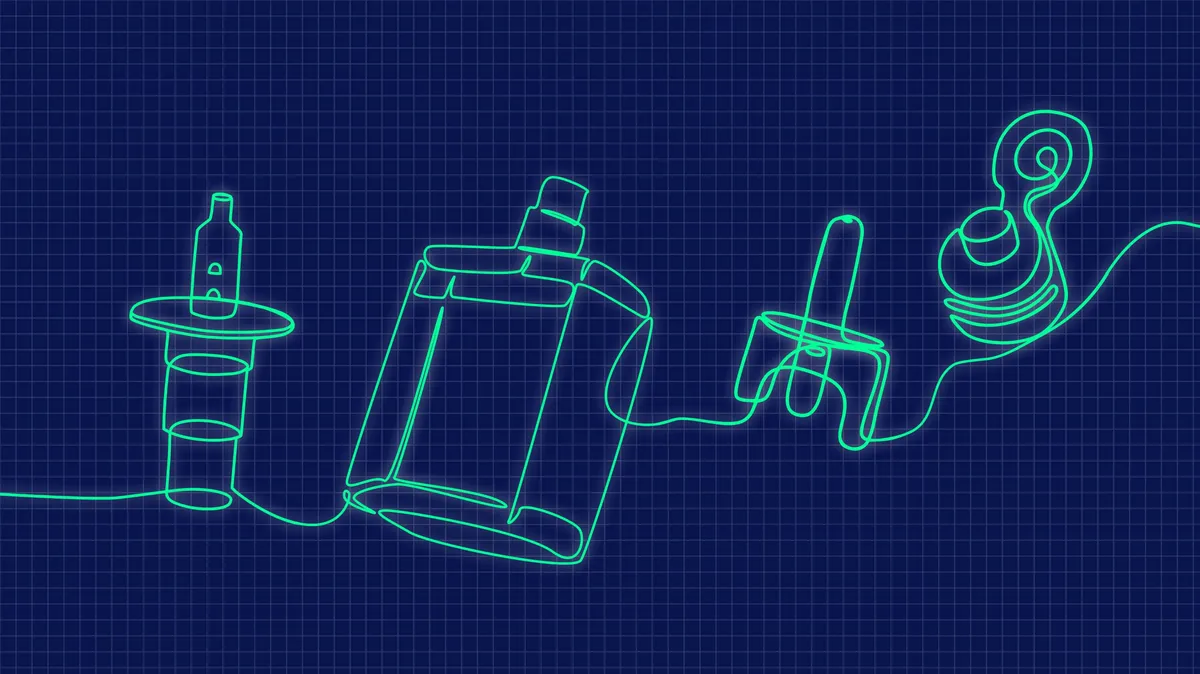 A stylized blue print showcasing artistic line drawings of four of Aptar's products including the Bidose Nasal Spray System, a prestige fragrance spray pump, a Unidose Nasal Spray System and a dispensing closure